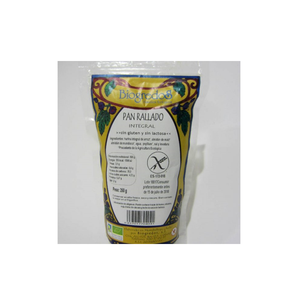 PAN RALLADO INTEGRAL sin gluten 250 gr BIOGREDOS