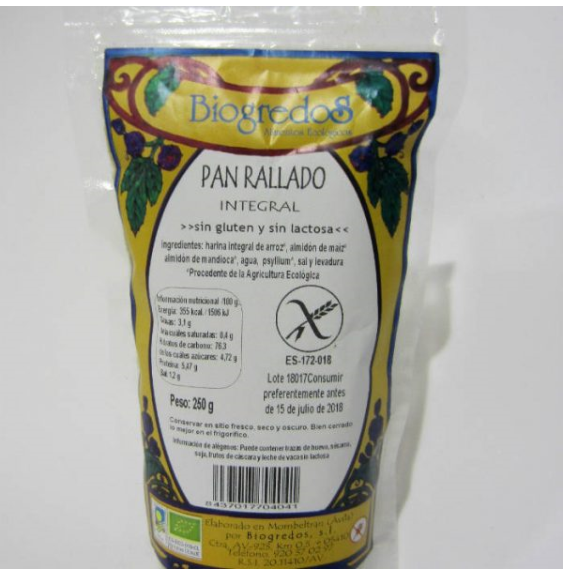 PAN RALLADO INTEGRAL sin gluten 250 gr BIOGREDOS